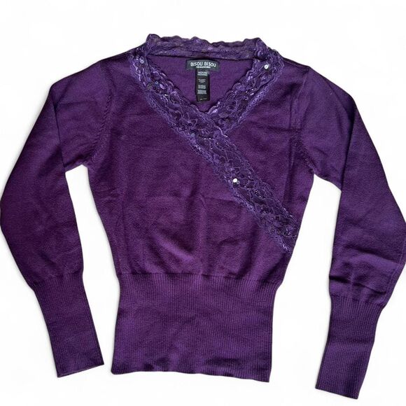 Bisou Bisou royal purple lace long sleeve top cinch waist knit blouse w/sequins - Picture 1 of 8